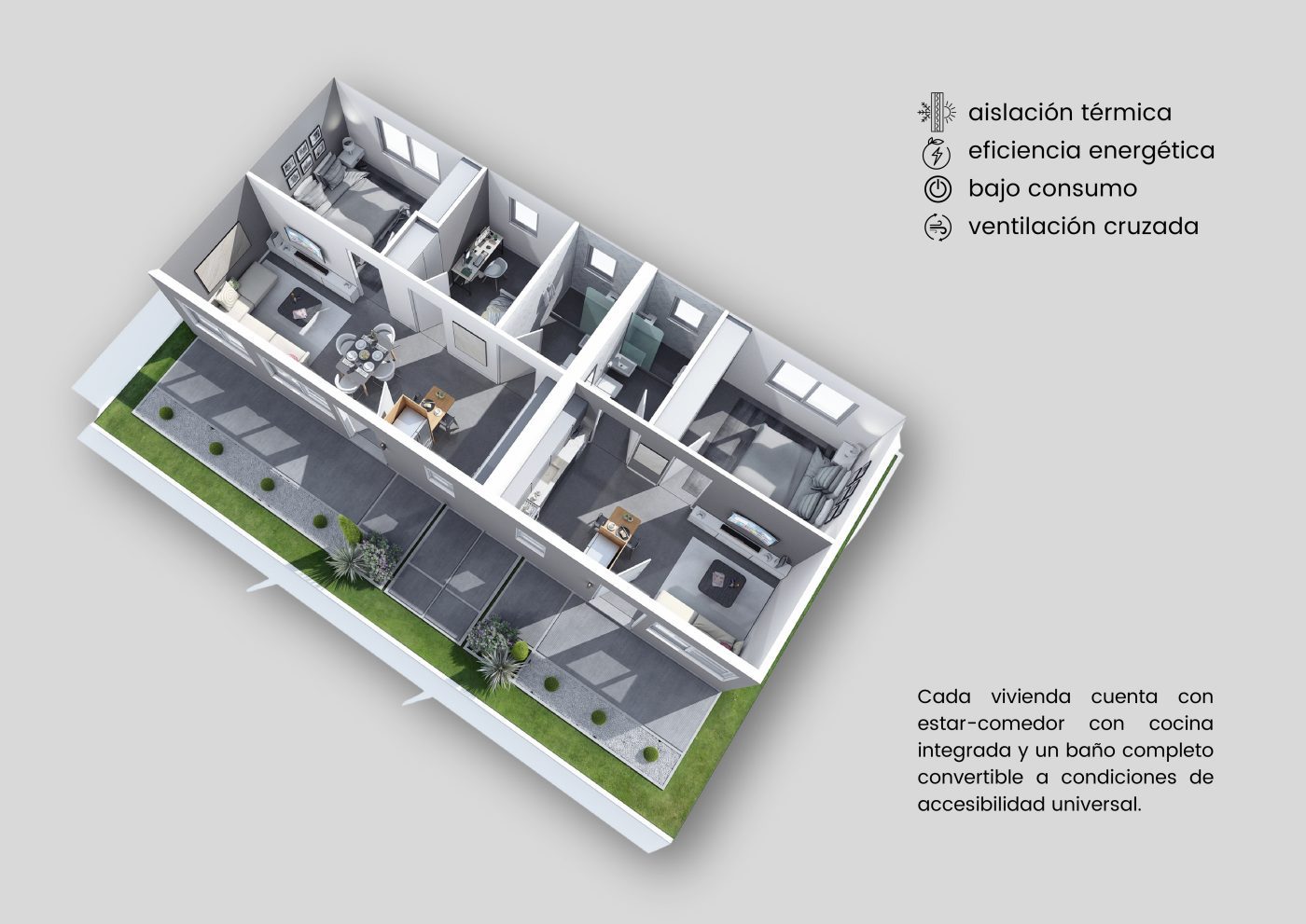 Corte axonométrico de una vivienda tipo