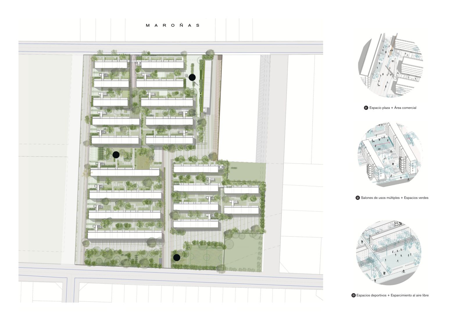 Masterplan de Encuentro Maroñas, con plaza comercial, salones y zona deportiva