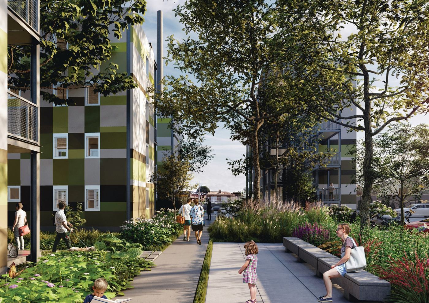 Render de plaza y área comercial
